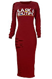 Wine Red Women's Pure Color Hollow Out Printing Bodycon Midi Dress TL6623-1