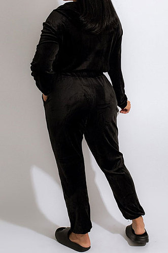 Black Fashion Casual Joker V Collar Bandage Velvet Zipper Hoodie Winter Casual Jumpsuits CCY9411-3