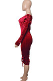 Wine Red Euramerican Women's Autumn Winter V Collar Velvet Shirred Detail Sexy Midi Dress Q999-2