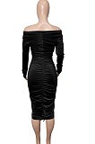 Black Euramerican Women's Autumn Winter V Collar Velvet Shirred Detail Sexy Midi Dress Q999-5