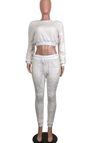 White Double Velvet Thick Long Sleeve Solid Color Sport Pants Sets YY5329