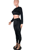 Black Women's Korea Velvet Pure Color Long Sleeve Collect Waist Short Top Long Pants Sets YY5327-1