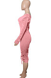 Pink Euramerican Women's Autumn Winter V Collar Velvet Shirred Detail Sexy Midi Dress Q999-1