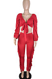 Red Women's Strapless Long Sleeve Tight Tassel Sexy Pants Sets YY5326-1