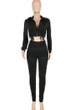 Black Fashion Casual Drawsting Ruffle Pure Color Single-Breasted Turn-Down Collar Bodycon Pants Sets FFE203-1