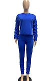 Royal Blue Individuality Casual Pure Color Round Collar Ruffle Puff Sleeve Pants Sets JP1058-2