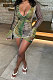 Green Sexy Euramerican Fashion V Collar High Waist Drawsting Camo Bodycon Mini Dress KA7217-2