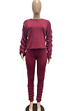 Wine Red Individuality Casual Pure Color Round Collar Ruffle Puff Sleeve Pants Sets JP1058-3