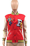 Red Women's Printing Color Matching Snap Fastener Baseball Uniform  Jacket JR3666-4