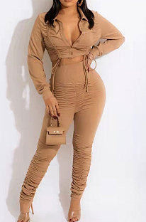 Camel Fashion Casual Drawsting Ruffle Pure Color Single-Breasted Turn-Down Collar Bodycon Pants Sets FFE203-2