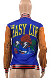 Blue Women's Printing Color Matching Snap Fastener Baseball Uniform  Jacket JR3666-2