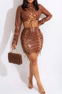 Brown Euramerican Women's Sexy Bandage Hollow Out PU Leather Skirts Sets FFE202-2