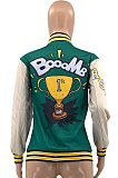 Green Women's Printing Color Matching Snap Fastener Baseball Uniform  Jacket JR3666-3