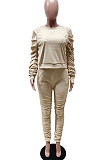 Grey Wholesale Casual Long Sleeve Round Neck Hoodie Ruffle Pants Solid Color Suit YYF8267-3
