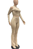 Khaki Sexy Solid Color Stand Collar Off Shoulder Bodycon Flare Leg Pants Sets JP1057-3