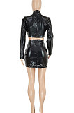 Black Euramerican Women's Sexy Bandage Hollow Out PU Leather Skirts Sets FFE202-1