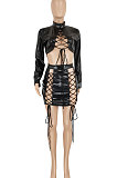 Black Euramerican Women's Sexy Bandage Hollow Out PU Leather Skirts Sets FFE202-1