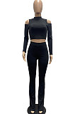 Black Sexy Solid Color Stand Collar Off Shoulder Bodycon Flare Leg Pants Sets JP1057-1