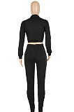 Black Fashion Casual Drawsting Ruffle Pure Color Single-Breasted Turn-Down Collar Bodycon Pants Sets FFE203-1