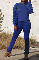Royal Blue Individuality Casual Pure Color Round Collar Ruffle Puff Sleeve Pants Sets JP1058-2