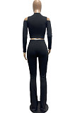 Black Sexy Solid Color Stand Collar Off Shoulder Bodycon Flare Leg Pants Sets JP1057-1