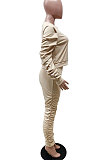 Khaki Wholesale Casual Long Sleeve Round Neck Hoodie Ruffle Pants Solid Color Suit YYF8267-5