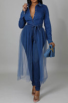 Blue High Elastic Jean Mesh Spliced Long Sleeve Single-Breasted Coat YYZ946