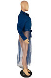 Blue High Elastic Jean Mesh Spliced Long Sleeve Single-Breasted Coat YYZ946