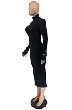 Black Simple New Ribber Zipper Long Sleeve High Neck Slim Fitting Plain Dress RMH8952-5