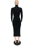 Black Simple New Ribber Zipper Long Sleeve High Neck Slim Fitting Plain Dress RMH8952-5