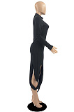 Simple Women's Ribber Long Sleeve High Neck Slim Fitting Irregular Dress  DR88138