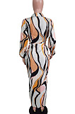 New Design Printed Bandage Single-Breasted Long Sleeve Lapel Neck Slim Fitting Dress BS1296