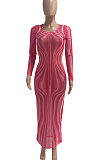 Euramerican Women's Autumn Mesh Spaghetti Perspectivity Wave Printing Sexy Long Dress Q963