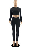 Sexy Ribber Long Sleeve Backless Crop Tops Skinny Pants Solid Color Suit DR88139