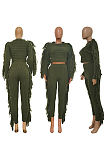 Army Green Fashion Kintting Long Sleeve Round Neck Crop Tops Trousers Cute Tassel Suit TRS1186-6
