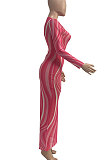 Euramerican Women's Autumn Mesh Spaghetti Perspectivity Wave Printing Sexy Long Dress Q963