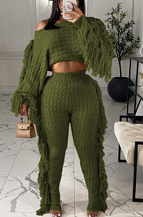 Army Green Fashion Kintting Long Sleeve Round Neck Crop Tops Trousers Cute Tassel Suit TRS1186-6