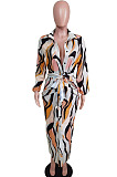 New Design Printed Bandage Single-Breasted Long Sleeve Lapel Neck Slim Fitting Dress BS1296