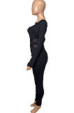 Women's Long Sleeve Perspectivity Mesh Spaghetti Spliced High Waist Bodycon Jumpsuits Q998