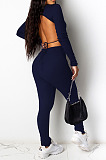 Sexy Ribber Long Sleeve Backless Crop Tops Skinny Pants Solid Color Suit DR88139