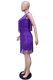 Elegant Luxe Pure Color Short Sleeve Tassel Collect Wasit Zipper Dress LS8011