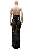 Fashion Sexy Halter Neck Hollow Out Backless Zipper Perspectivity Hot Drilling Bodycon Long Dress CCY9429