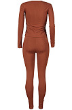 Wholesale Women's Ribber Long Sleeve Double-Zipper Tops Skinny Pants Plain Suit MD455