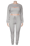 Casual Fat Women's Ribber Long Sleeve Crop Tops+Tank Jogger Pants Suit MD453
