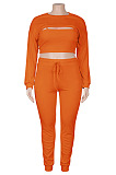 Casual Fat Women's Ribber Long Sleeve Crop Tops+Tank Jogger Pants Suit MD453