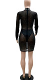 Euramerican Fashion Sexy Perspectivity Long Sleeve Bling Bling Zipper Hip Skinny Mini Dress CCY9427
