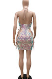Euramerican Trendy Sexy Hollow Out Halter Neck Sequins Bandage V Collar Hip Backless Mini Dress CCY9434