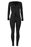 Wholesale Women's Ribber Long Sleeve Double-Zipper Tops Skinny Pants Plain Suit MD455