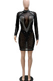 Euramerican Fashion Sexy Perspectivity Long Sleeve Bling Bling Zipper Hip Skinny Mini Dress CCY9427