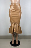 Fashion Luxe Pure Color Slim Fitting Leather Fishtail Skirts LS6481